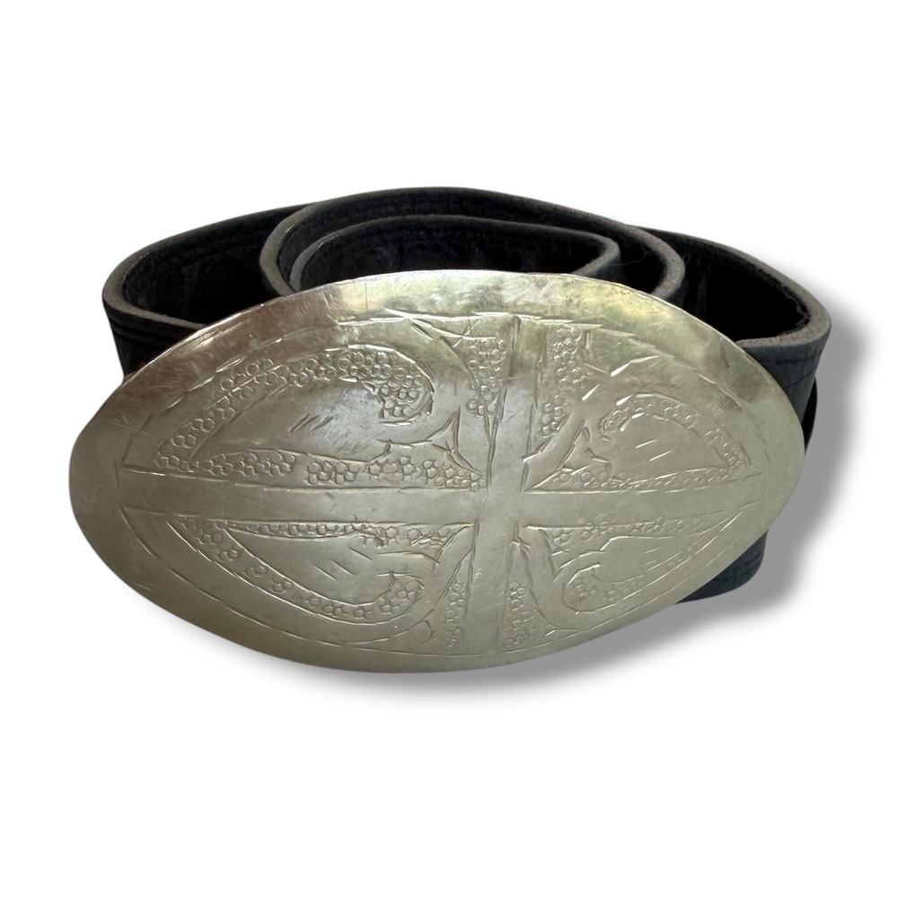 Vintage 1980s Black Genuine Leather Moroccan Concho Waist Belt Wide Silver Tone - Picture 2 of 15
